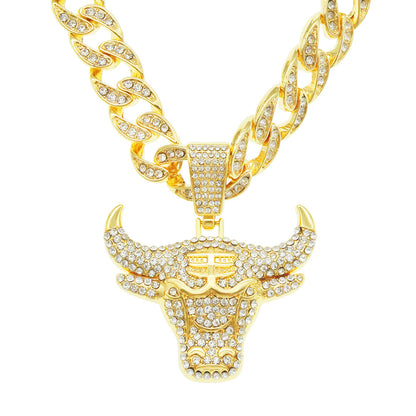 Three-dimensional Diamond-inlaid Cow Head Pendant Cuban Link Chain