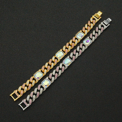 European And American Hip Hop Cool Full  Rectangular Colored Diamond Cuban Chain Bracelet