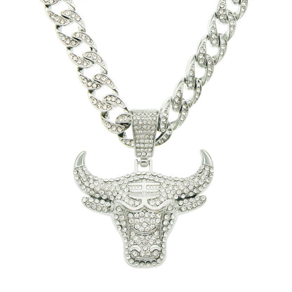 Three-dimensional Diamond-inlaid Cow Head Pendant Cuban Link Chain