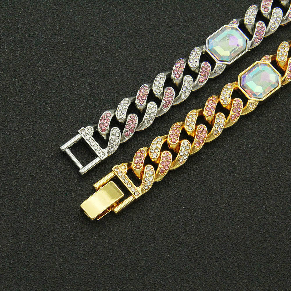 European And American Hip Hop Cool Full  Rectangular Colored Diamond Cuban Chain Bracelet