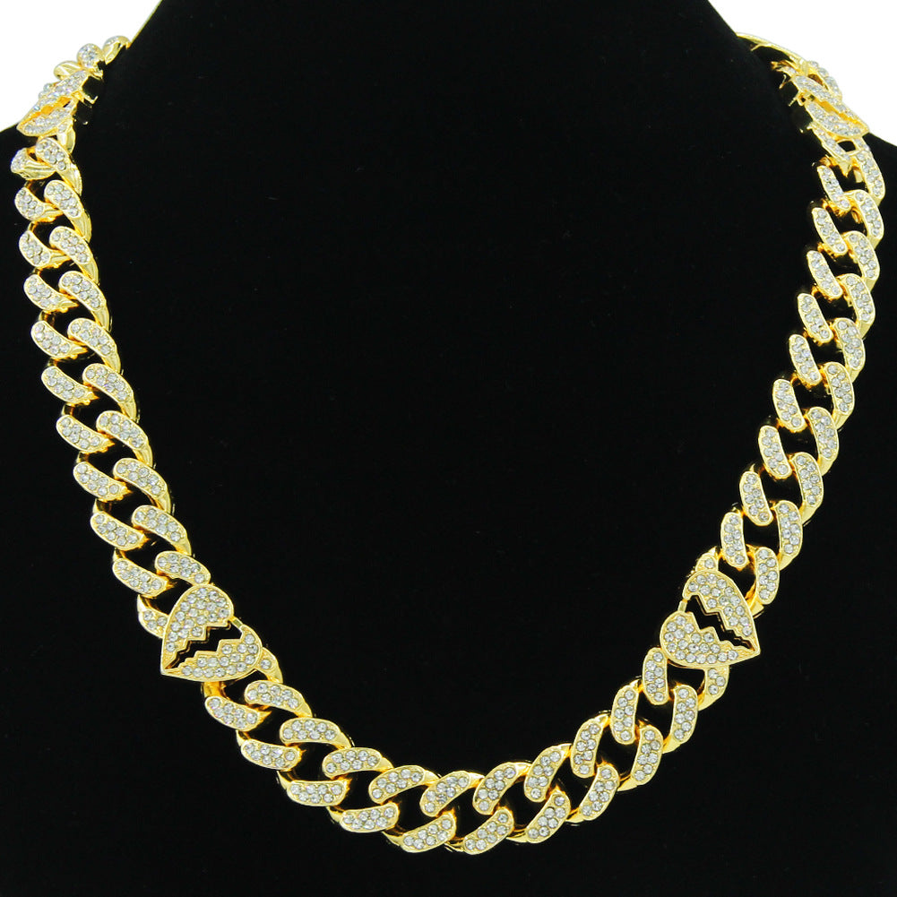 Men's And Women's Diamond Broken Heart Cuban Link Chain Necklace