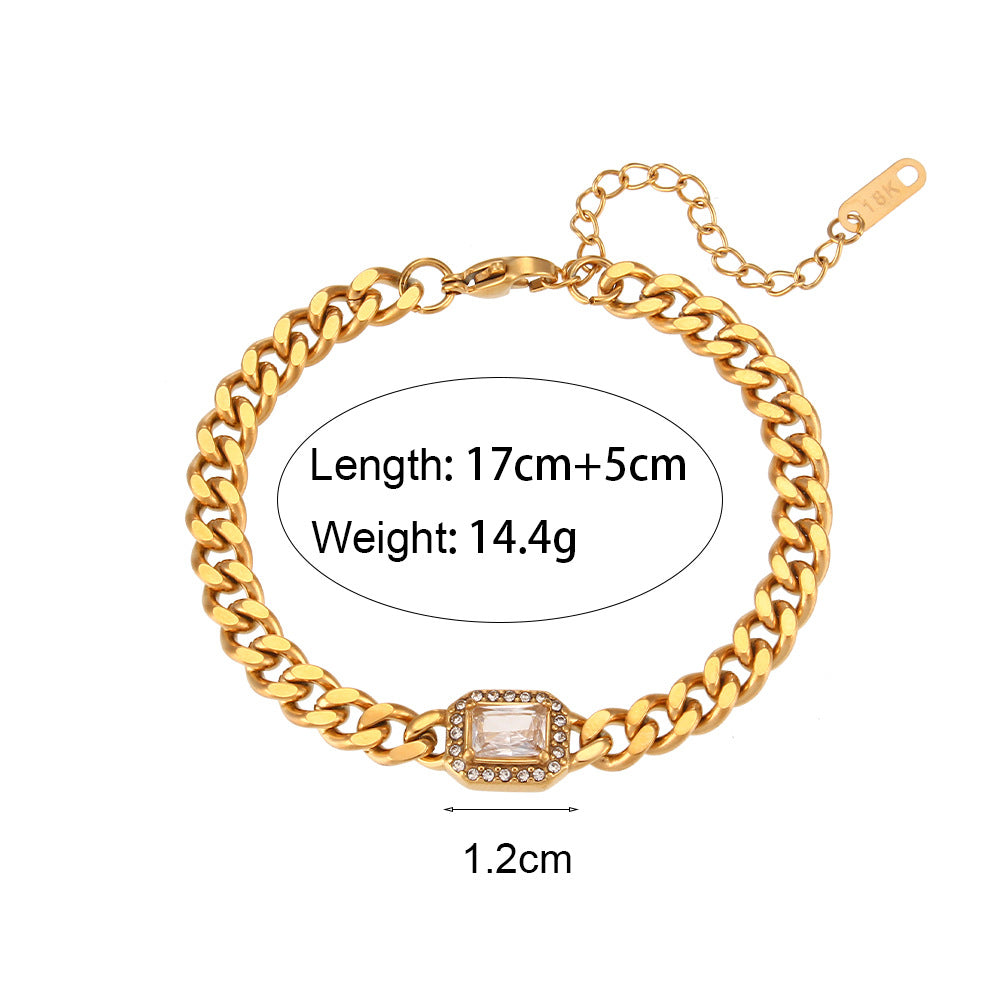 Fashionable All-match Stainless Steel Cuban Link Chain Zircon Bracelet