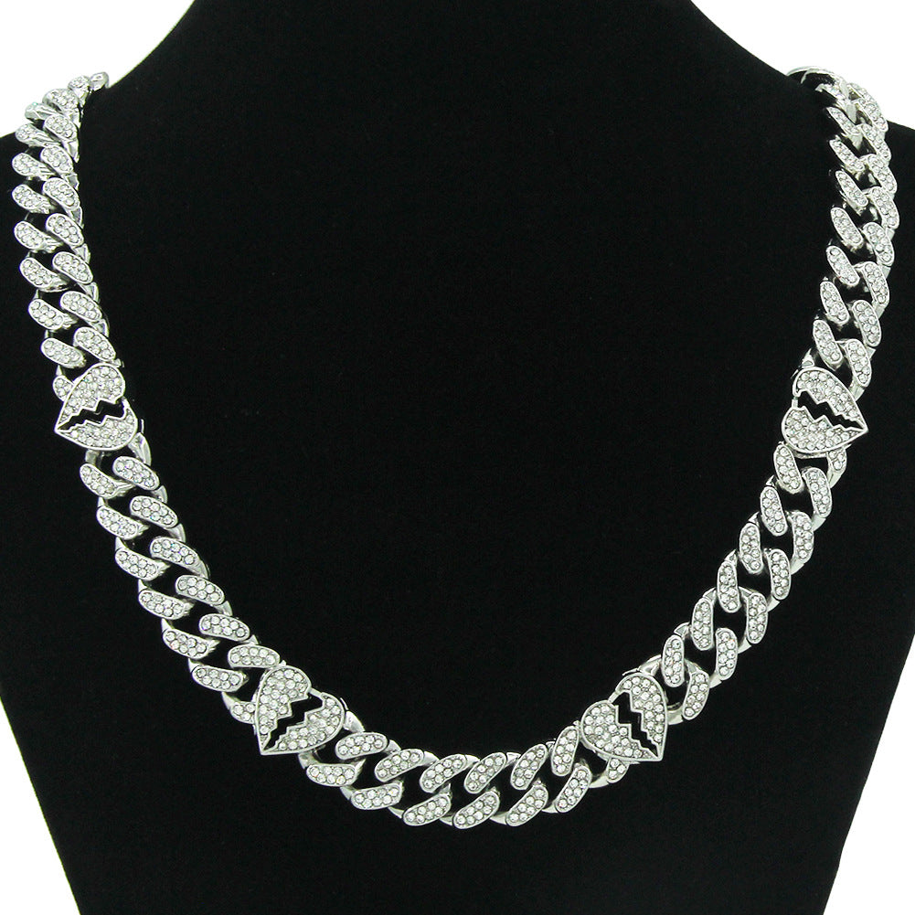 Men's And Women's Diamond Broken Heart Cuban Link Chain Necklace