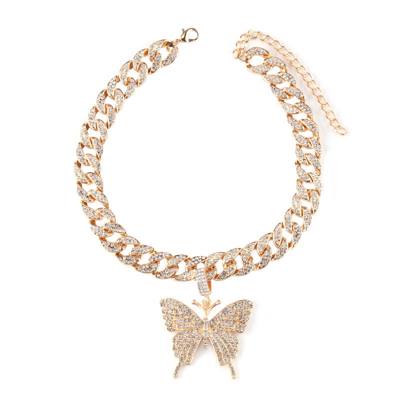 Hip Hop Trend Ins Style Diamond Butterfly Cuban Pull Daikin Clavicle Chain Unisex