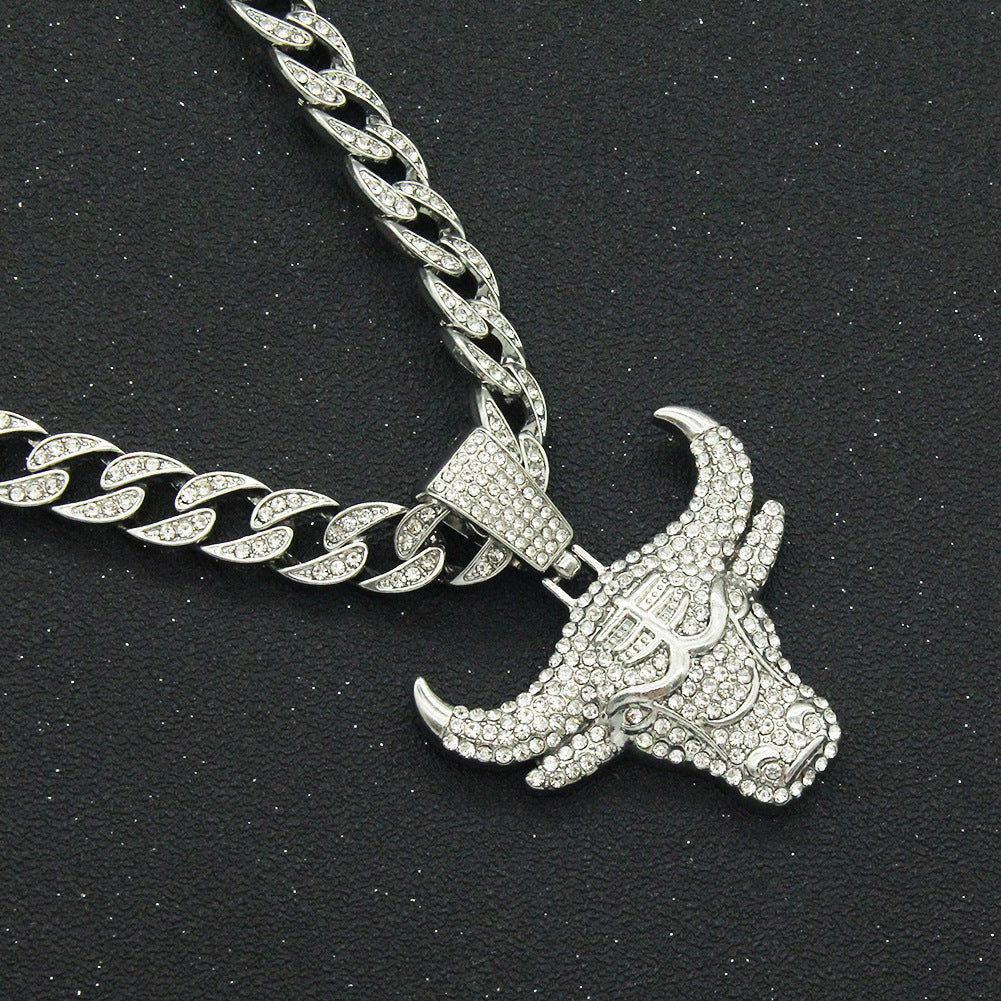 Three-dimensional Diamond-inlaid Cow Head Pendant Cuban Link Chain