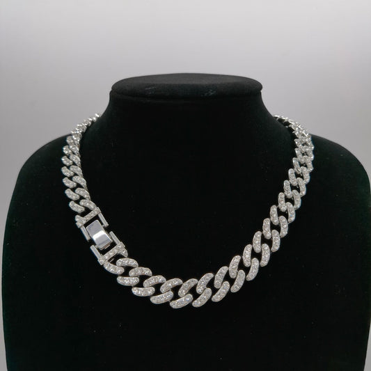 12mm Wide Single Row Simple Alloy With Diamond Cuban Link Chain