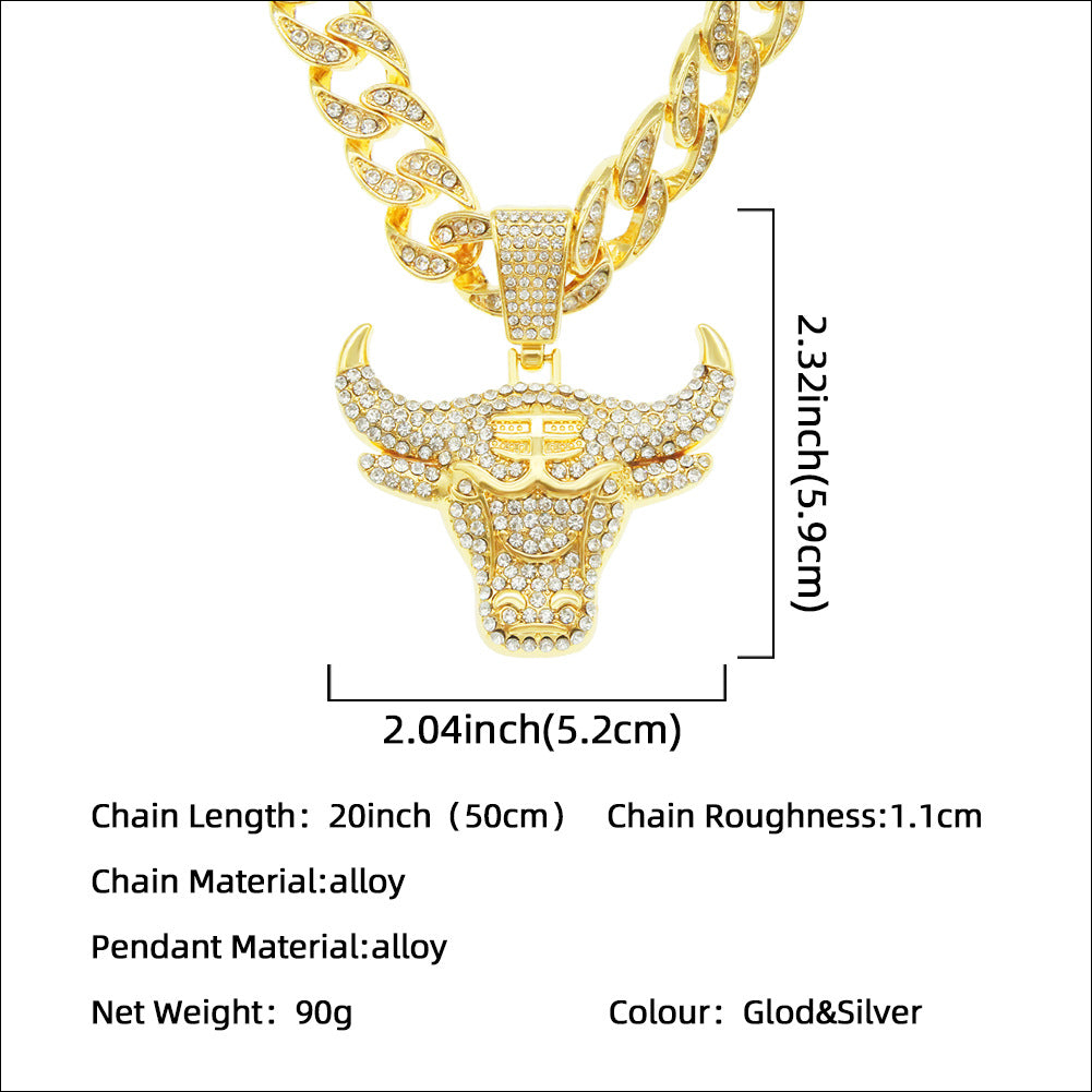 Three-dimensional Diamond-inlaid Cow Head Pendant Cuban Link Chain